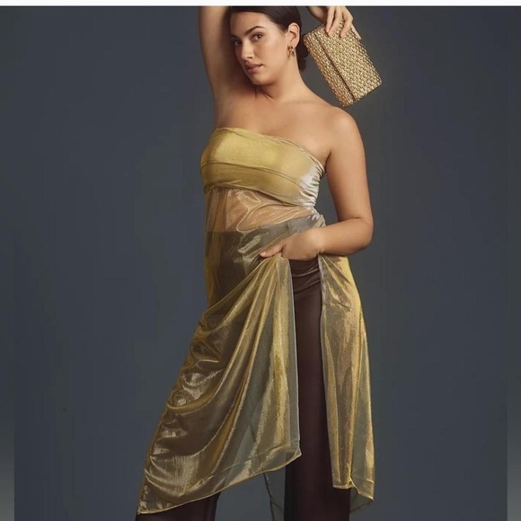 Anthropologie Gold Shimmer Sparkle Tube Mesh Sheer Top - Picture 1 of 5